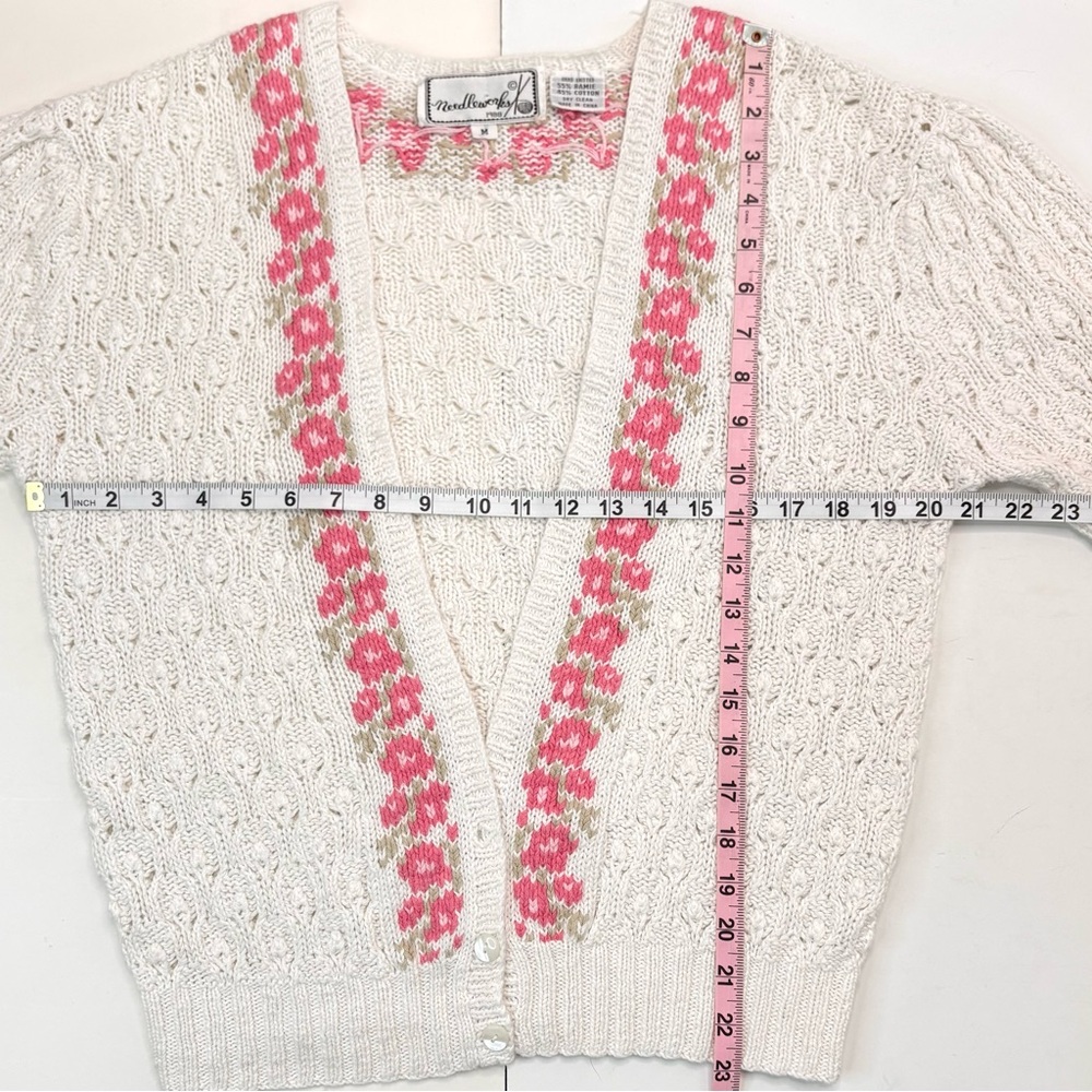 Vintage Cottage-core 80’s White Pink Floral Hand Knit Granny Cardigan Sweater - Picture 6 of 10